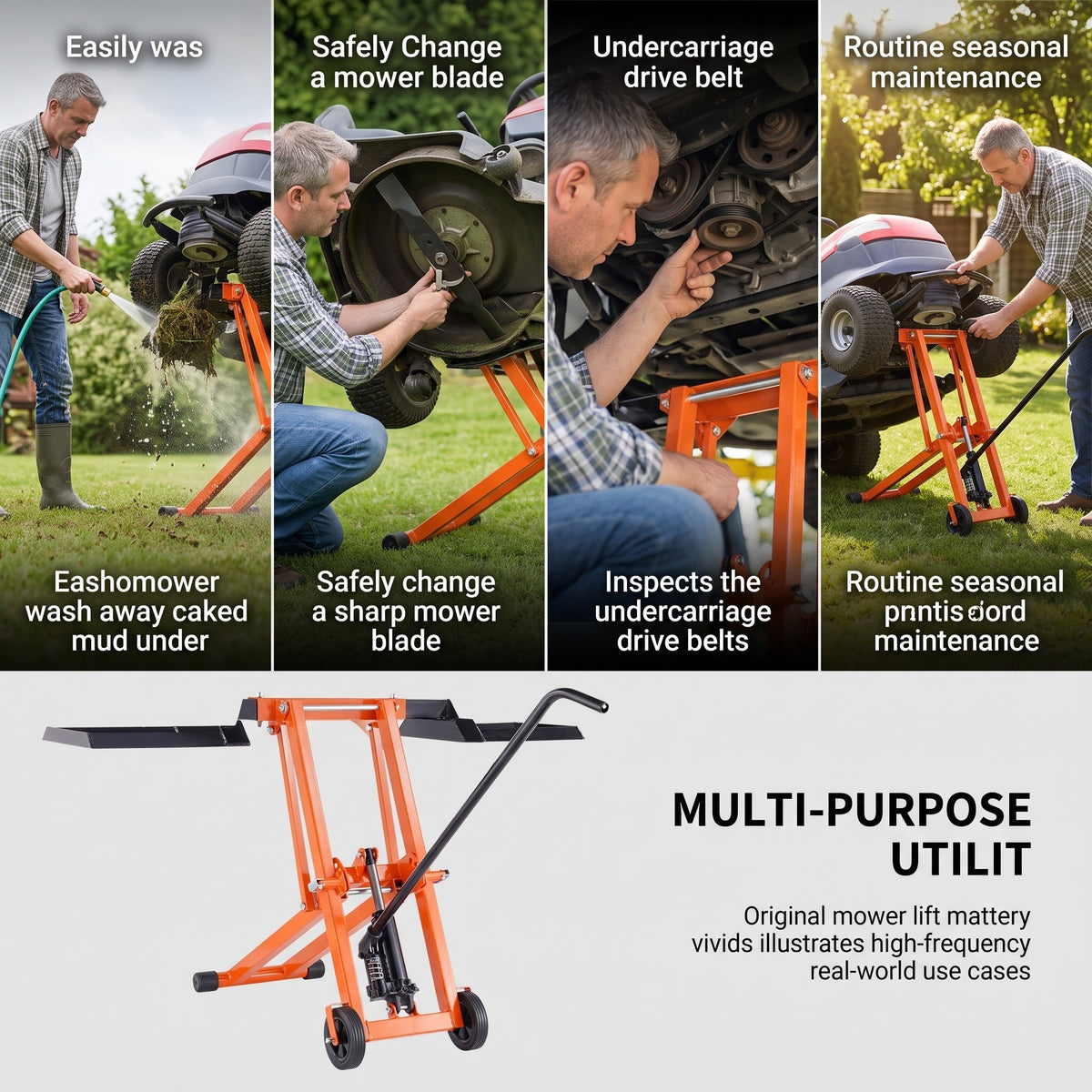 Hydraulic Jack Equipped Lawn Mower Lift, 500 Lbs Loading Capacity, Heavy‑Duty Carbon Steel Mower Lifter, Adjustable Mobile Lawn Lift for Riding Lawn Tractors & Zero‑Turn Mowers, Orange
