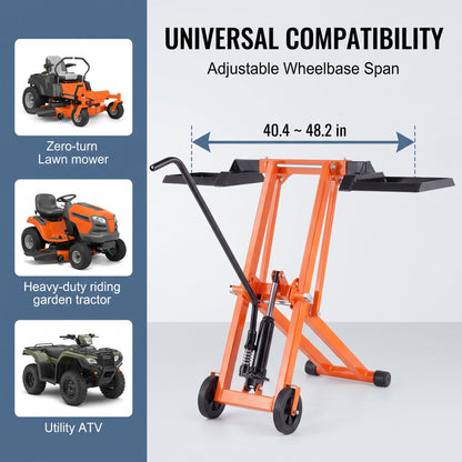 Hydraulic Jack Equipped Lawn Mower Lift, 500 Lbs Loading Capacity, Heavy‑Duty Carbon Steel Mower Lifter, Adjustable Mobile Lawn Lift for Riding Lawn Tractors & Zero‑Turn Mowers, Orange