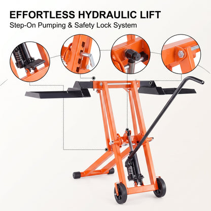 Hydraulic Jack Equipped Lawn Mower Lift, 500 Lbs Loading Capacity, Heavy‑Duty Carbon Steel Mower Lifter, Adjustable Mobile Lawn Lift for Riding Lawn Tractors & Zero‑Turn Mowers, Orange