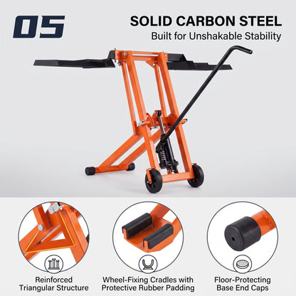 Hydraulic Jack Equipped Lawn Mower Lift, 500 Lbs Loading Capacity, Heavy‑Duty Carbon Steel Mower Lifter, Adjustable Mobile Lawn Lift for Riding Lawn Tractors & Zero‑Turn Mowers, Orange
