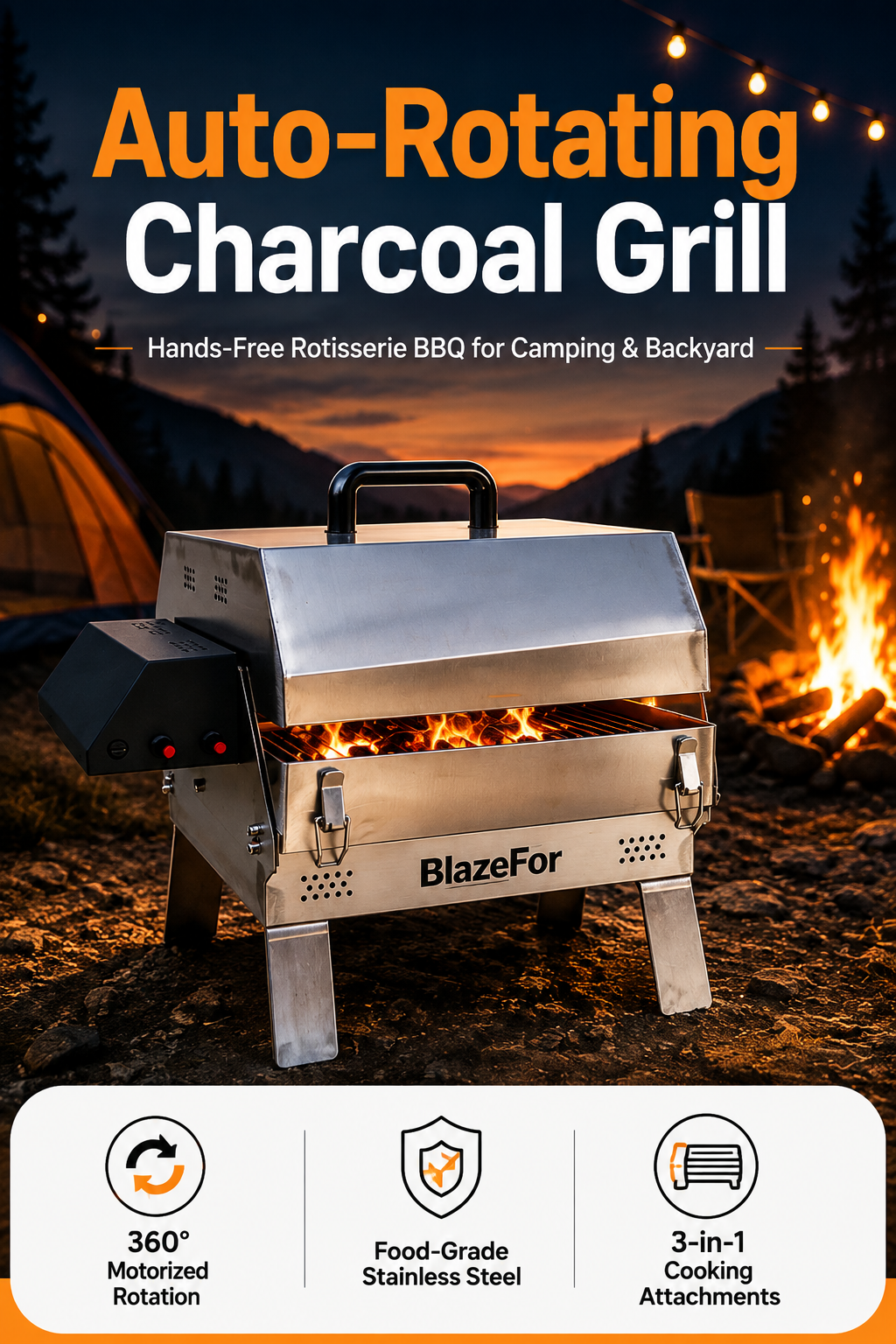 Automatic Rotating Charcoal Grill, 3-in-1 Stainless Steel Portable Barbecue Grill with Rotating Attachment