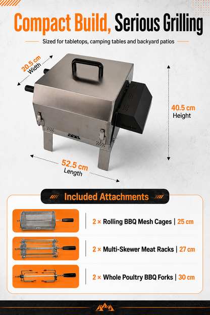 Automatic Rotating Charcoal Grill, 3-in-1 Stainless Steel Portable Barbecue Grill with Rotating Attachment