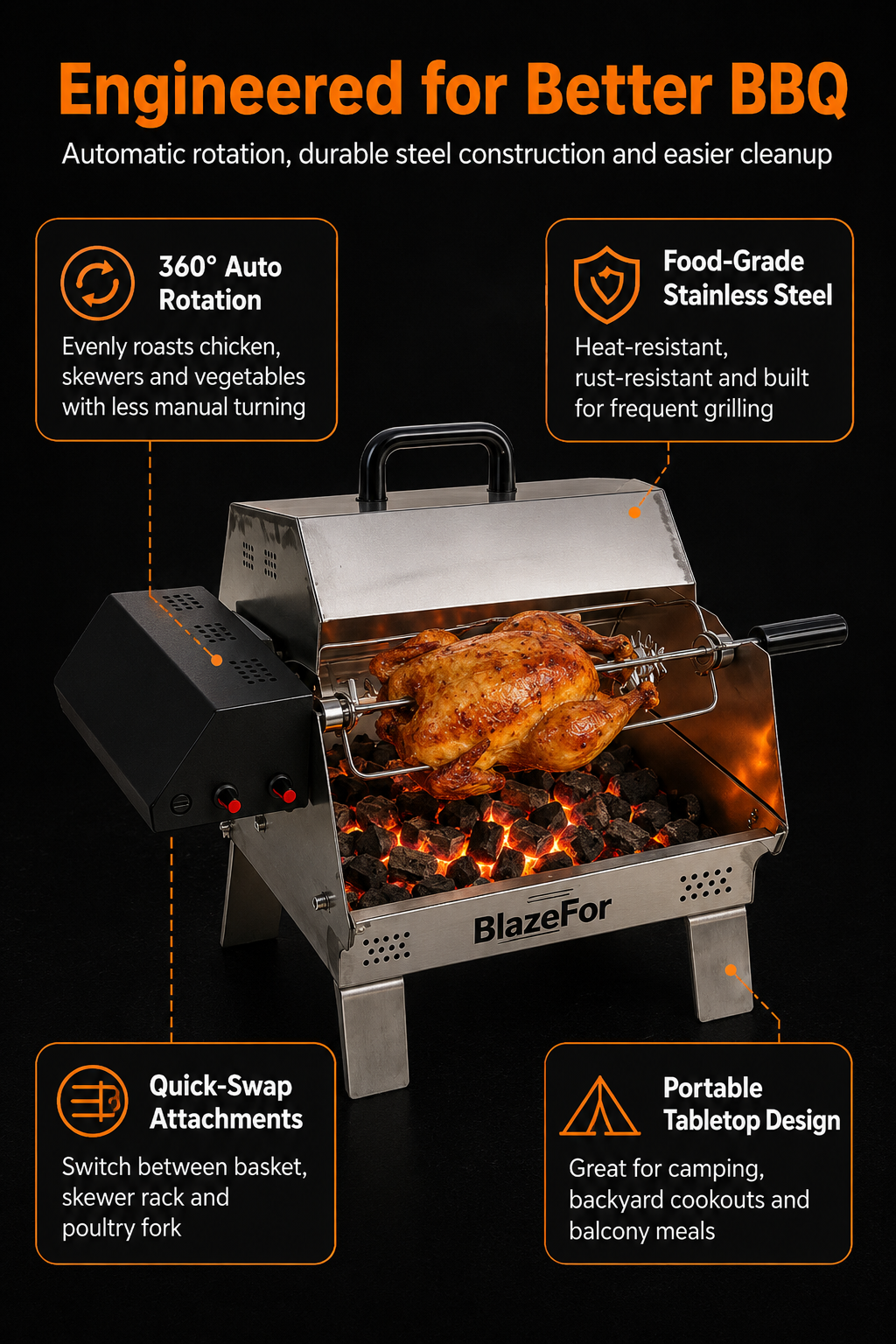 Automatic Rotating Charcoal Grill, 3-in-1 Stainless Steel Portable Barbecue Grill with Rotating Attachment