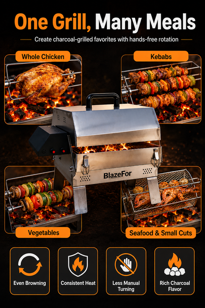 Automatic Rotating Charcoal Grill, 3-in-1 Stainless Steel Portable Barbecue Grill with Rotating Attachment