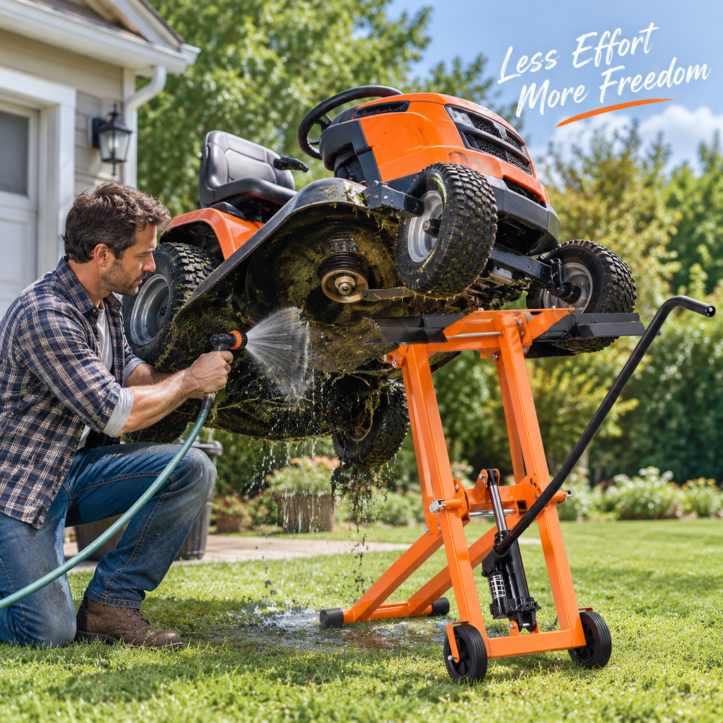 Hydraulic Jack Equipped Lawn Mower Lift, 500 Lbs Loading Capacity, Heavy‑Duty Carbon Steel Mower Lifter, Adjustable Mobile Lawn Lift for Riding Lawn Tractors & Zero‑Turn Mowers, Orange