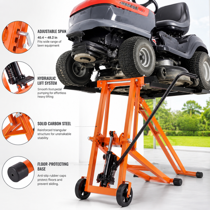 Hydraulic Jack Equipped Lawn Mower Lift, 500 Lbs Loading Capacity, Heavy‑Duty Carbon Steel Mower Lifter, Adjustable Mobile Lawn Lift for Riding Lawn Tractors & Zero‑Turn Mowers, Orange